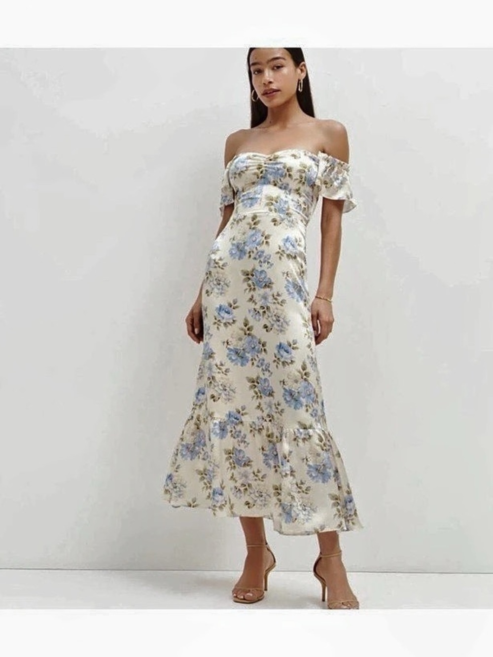 Reformation Floral Off Shoulder Midi Dress in Cream & Blue Size 6 NWT